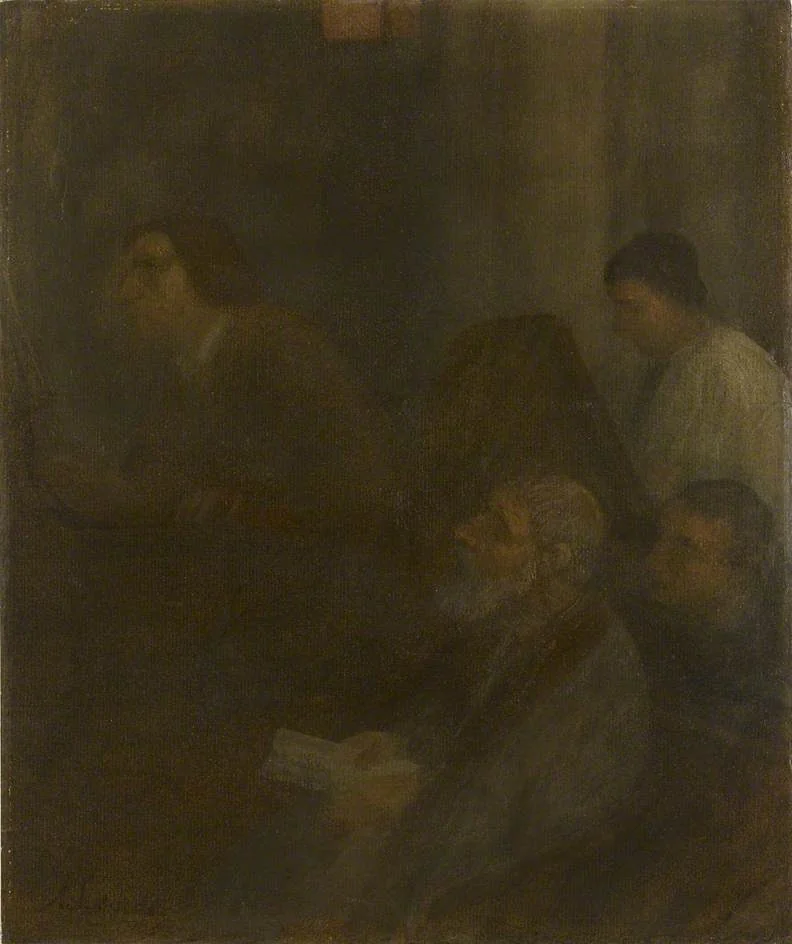 Interior with an Organist and three Figures, by Alphonse Legros, unspecified, 1884