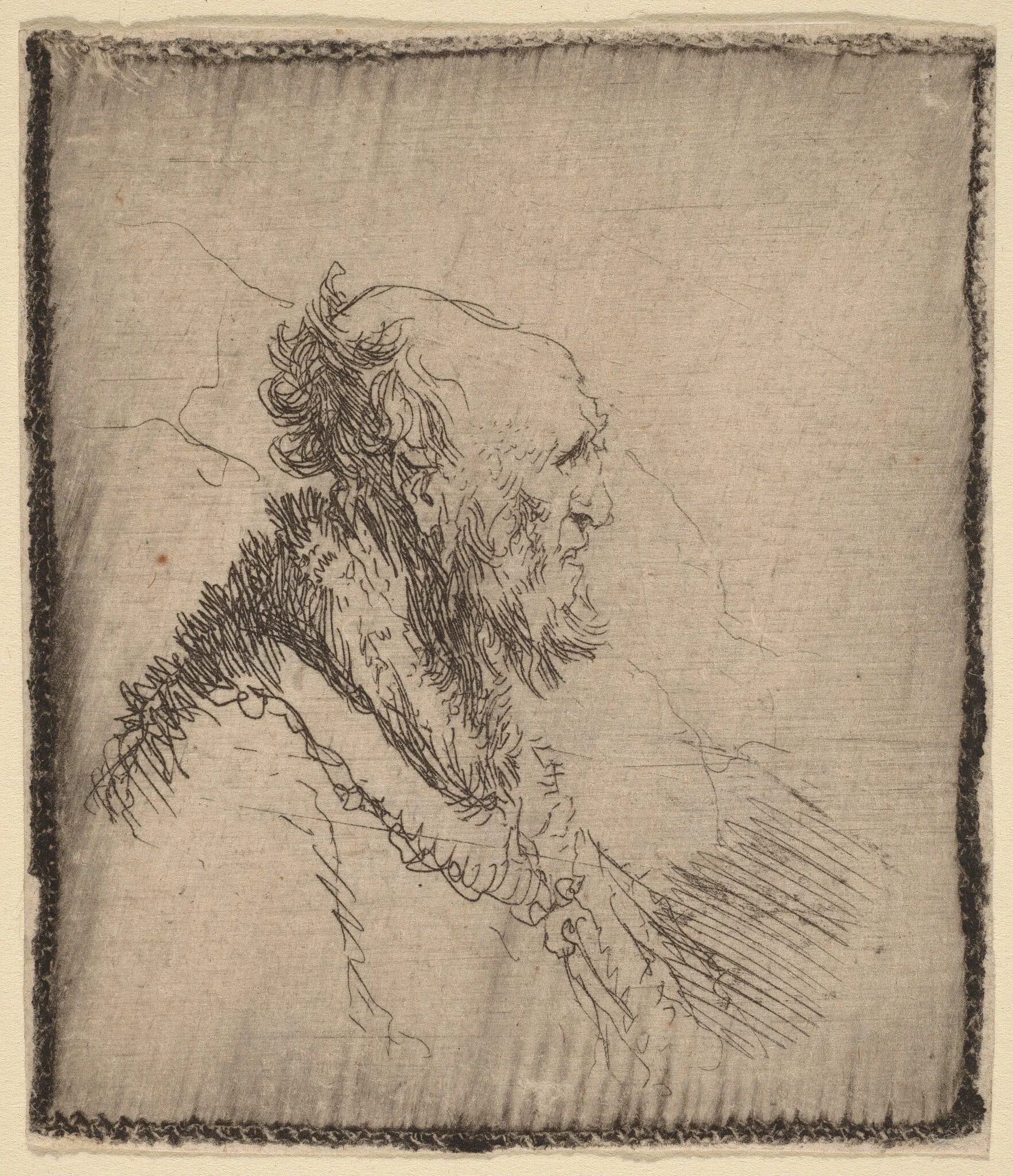 Bald Old Man with a Short Beard in Profile, by Rembrandt, ink, 1635