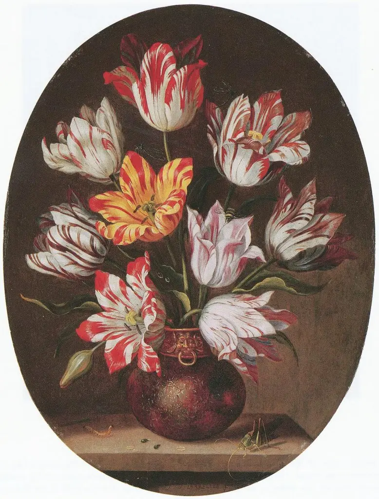 Tulips in a vase with a caterpillar and a grasshopper on a stone ledge