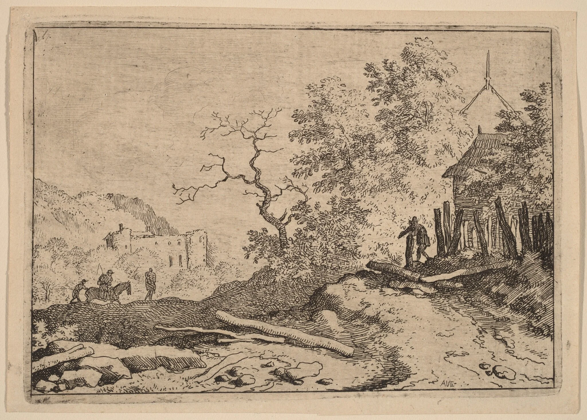 Hut with the Remains of a Hedge, by Allart van Everdingen, ink, 1650