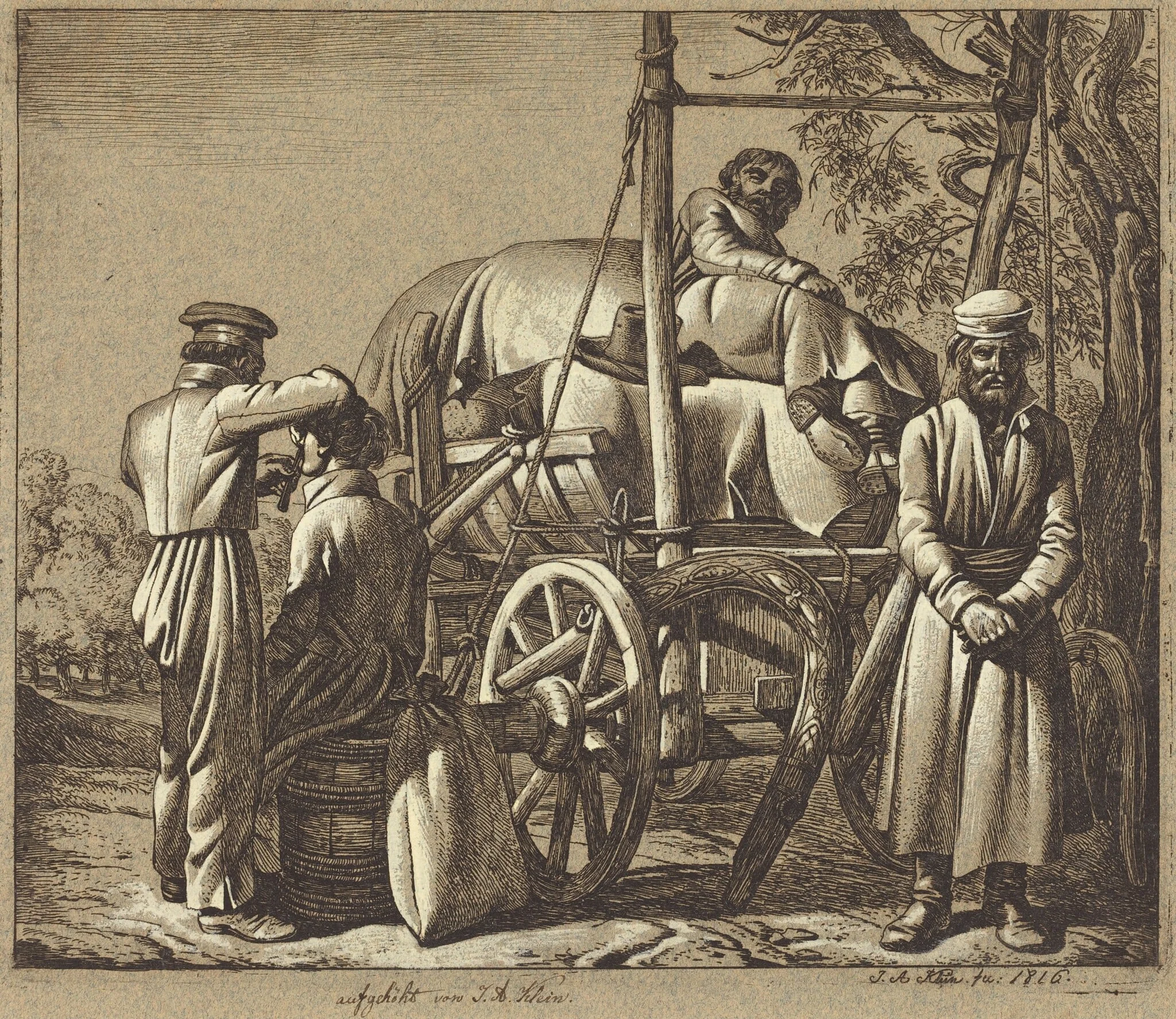 Russian Soldiers with a Barber, by Johann Adam Klein, ink, 1816