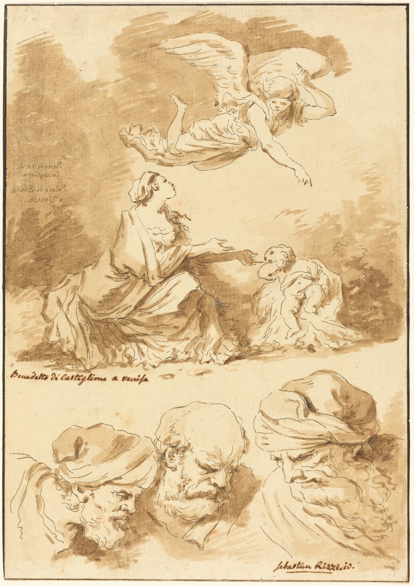 Hagar Consoled by an Angel (from a painting by Castiglione) and Three Heads of Old Men (from a painting by Ricci of Jesus and the Adultress)