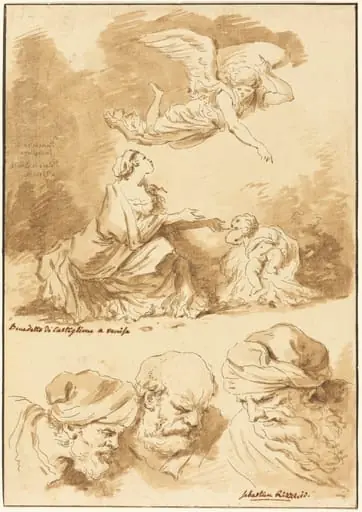 Hagar Consoled by an Angel (from a painting by Castiglione) and Three Heads of Old Men (from a painting by Ricci of Jesus and the Adultress)