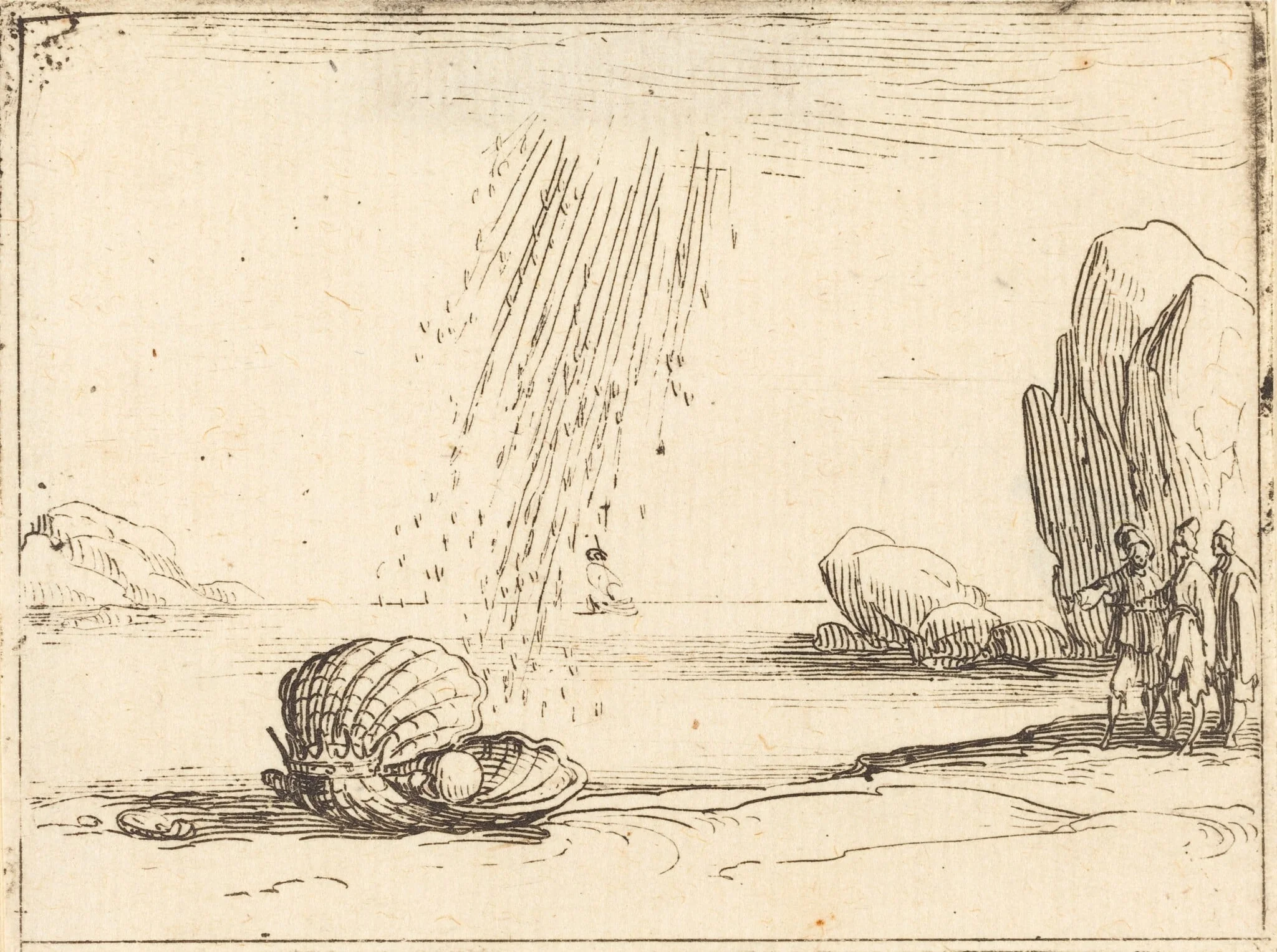 Oyster with Pearl, by Jacques Callot, ink, 1628