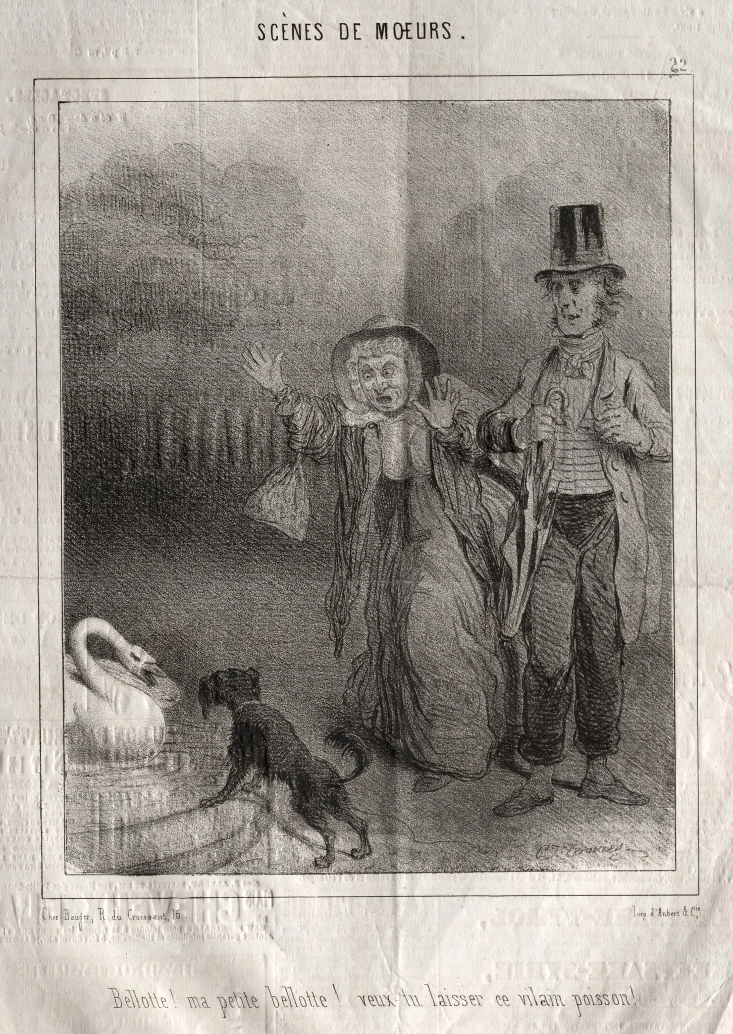 Scènes de moeurs:  Bellotte! ma petite Bellote! veux-tu laisser ce vilain poisson!, by Charles Joseph Traviès de Villers, 1838