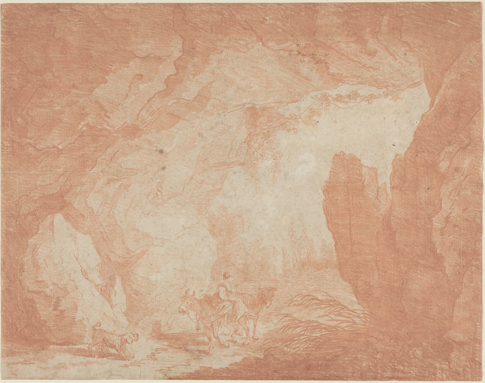 Young Woman with Donkeys Riding under a Natural Bridge, by Hubert Robert, chalk, 1770