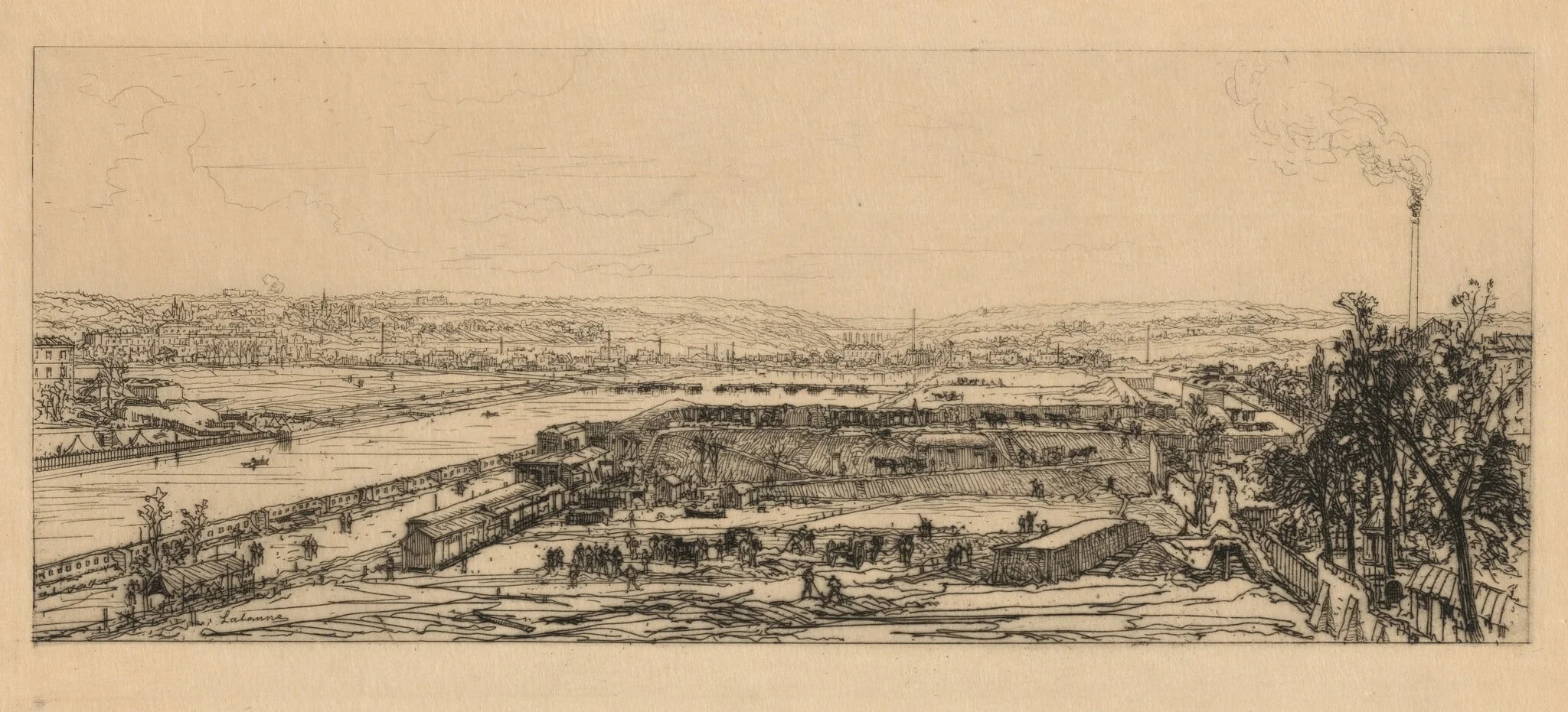 View from the Viaduct of Point du Jour, by Maxime Lalanne, ink, 1870