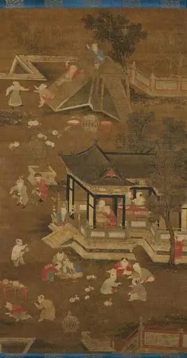元末明初    佚名    絹本設色    嬰戯圖  軸|Children playing in the palace garden