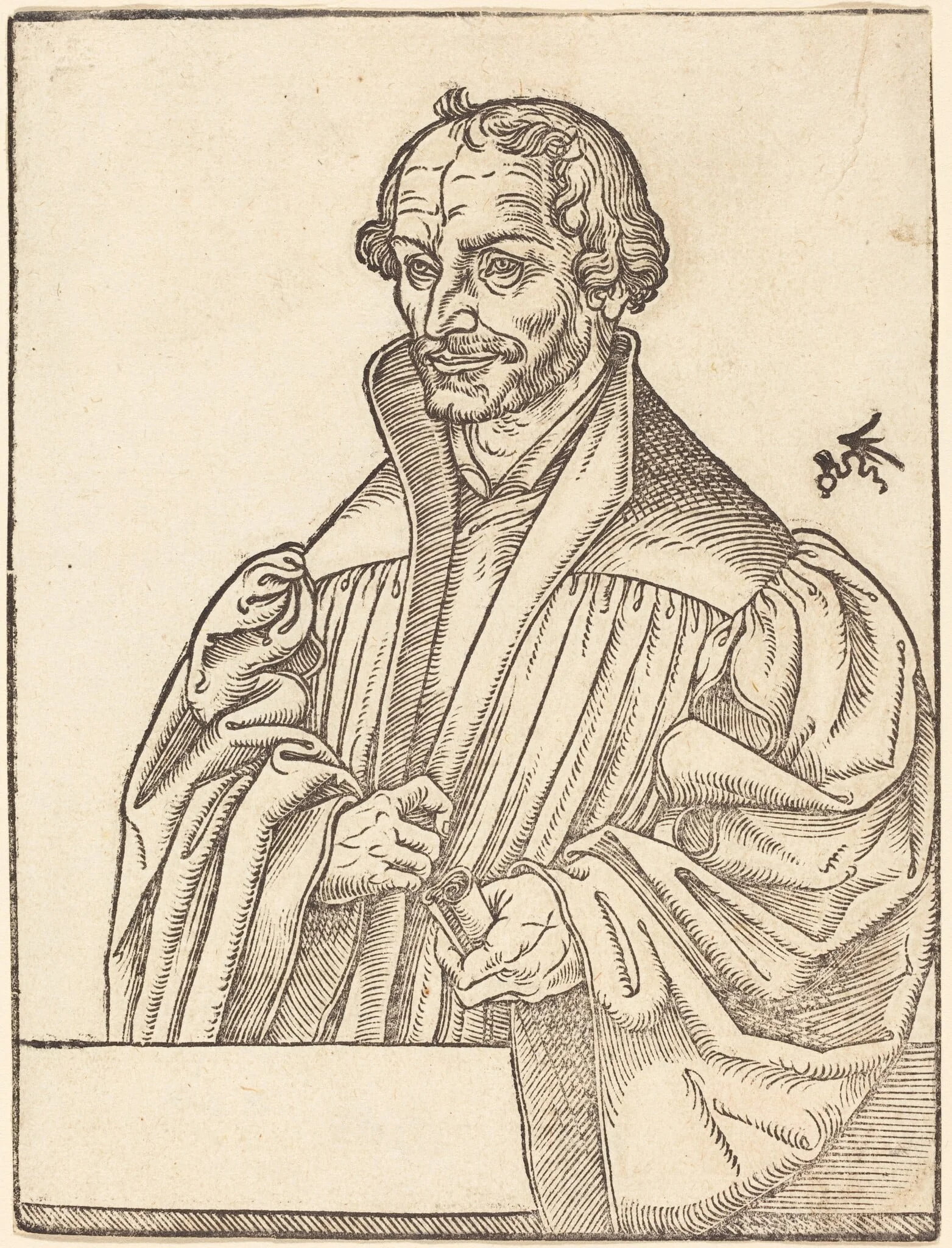 Philip Melanchton, Half-Length to the Left, Standing Behind a Breastwork, by Lucas Cranach the Younger, ink, 1550