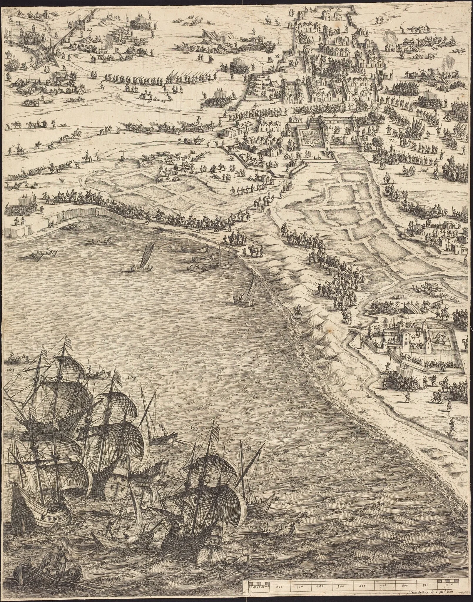 The Siege of La Rochelle [plate 12 of 16; set comprises 1952.8.97-112], by Jacques Callot, ink, 1630