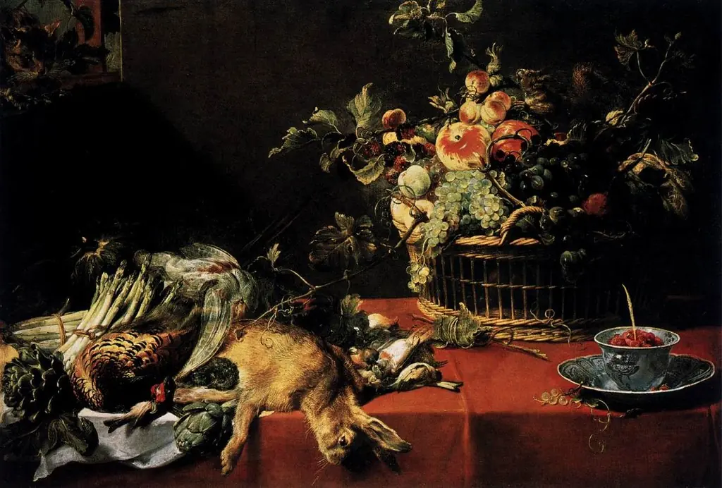 A still life with game, vegetables, fruit and a squirrel on a table. with a cat in a window upper left
