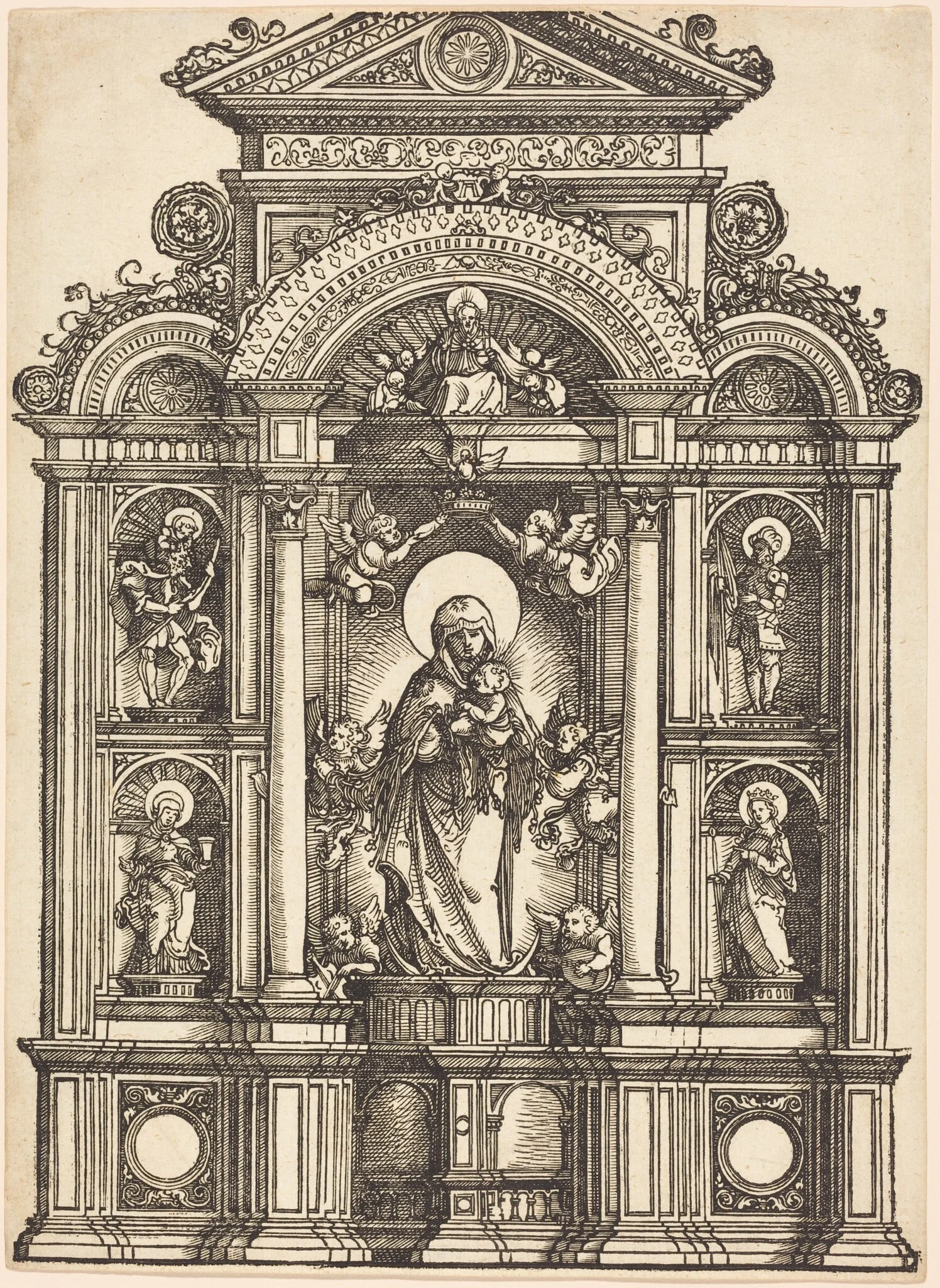 Altarpiece with the Beautiful Virgin of Regensburg and Saints Christopher, Mary Magdalene, Florian, and Catherine Standing in Niches, with God the Father Above, by Albrecht Altdorfer, ink, 1520