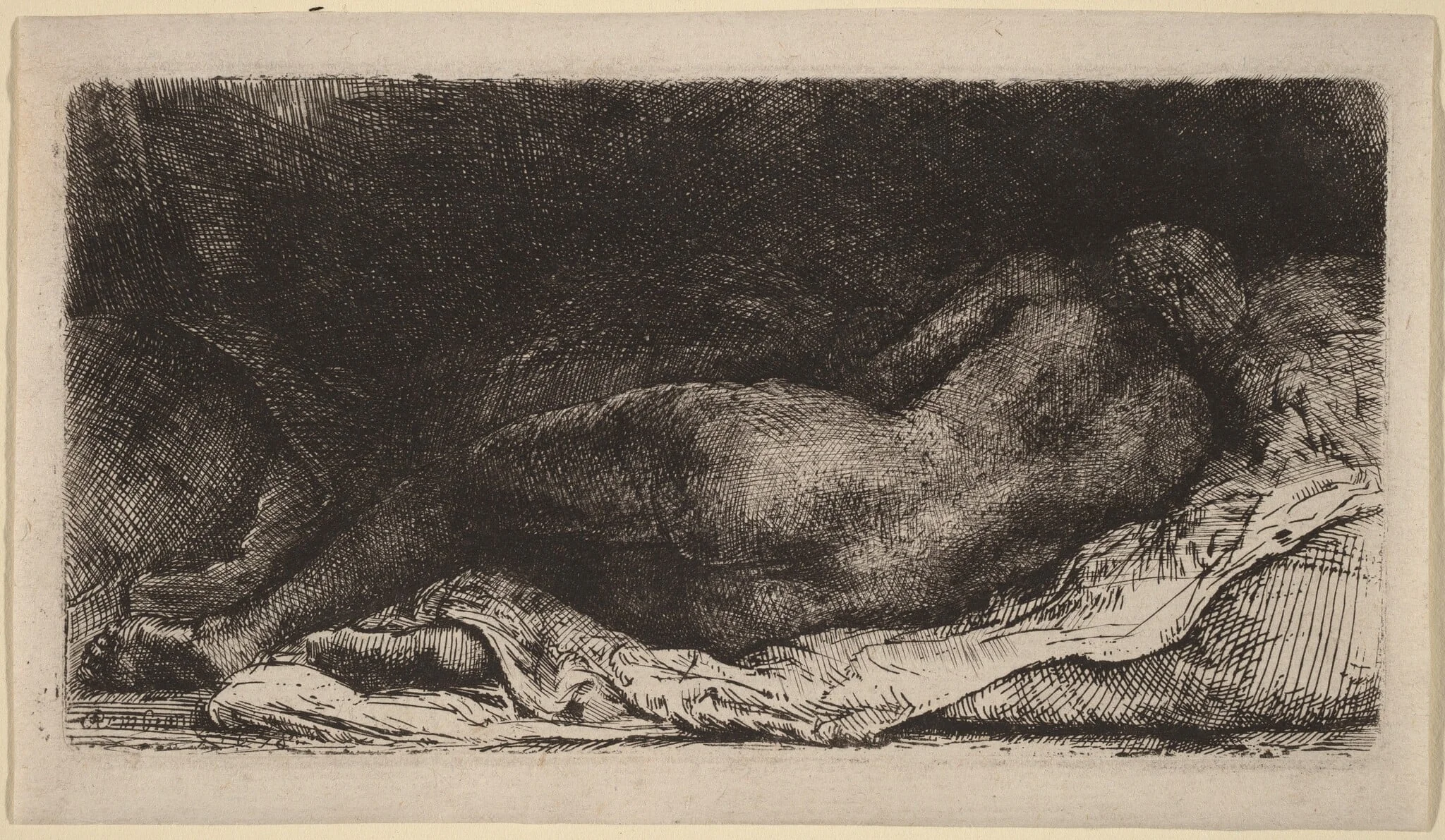 Reclining Female Nude, by Rembrandt, ink, 1658
