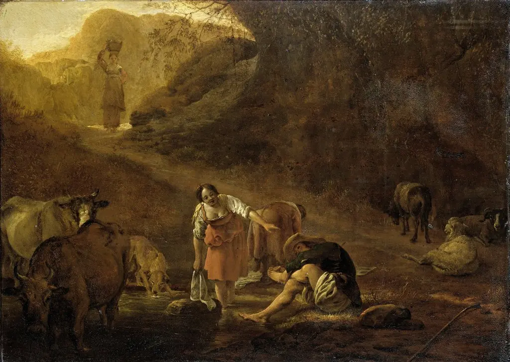 A shepherd and washerwomen at a spring