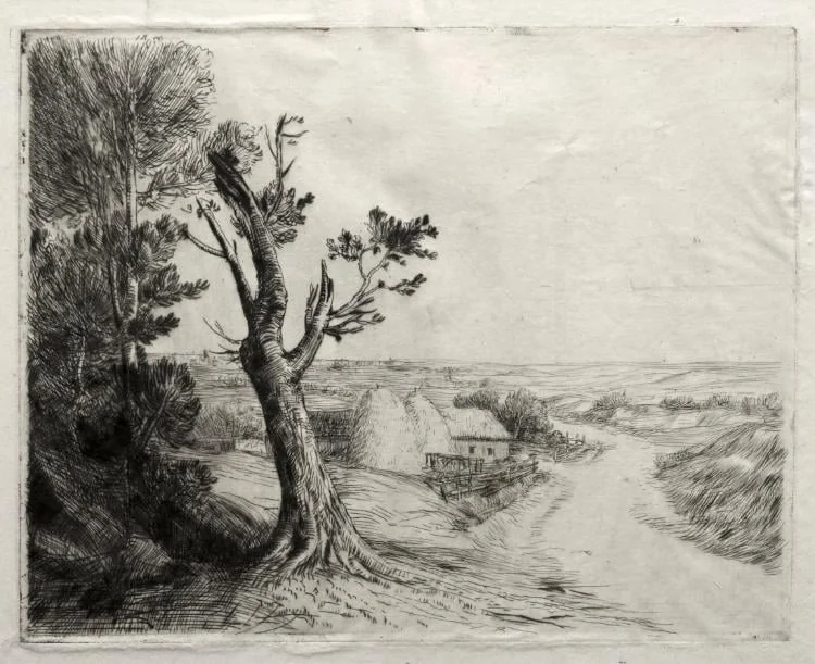 Landscape with Strawstacks, by Alphonse Legros, 1884