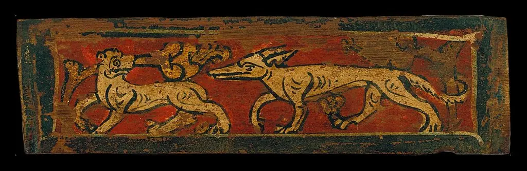 Small coffered ceiling panel with four-legged animals and plant motifs