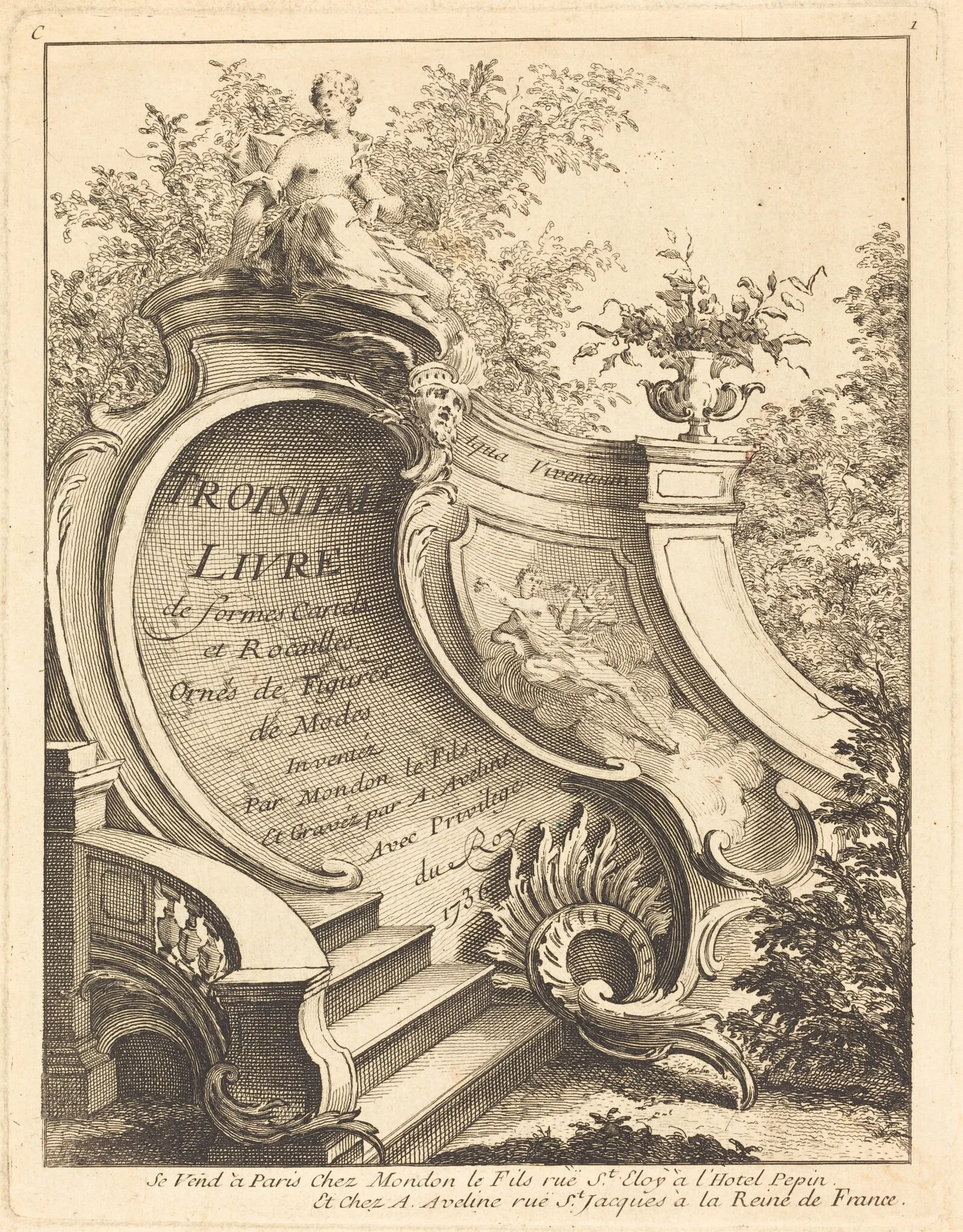 Troisieme livre de formes Cartels et Rocailles (Title Page), by Antoine Aveline, ink, 1736