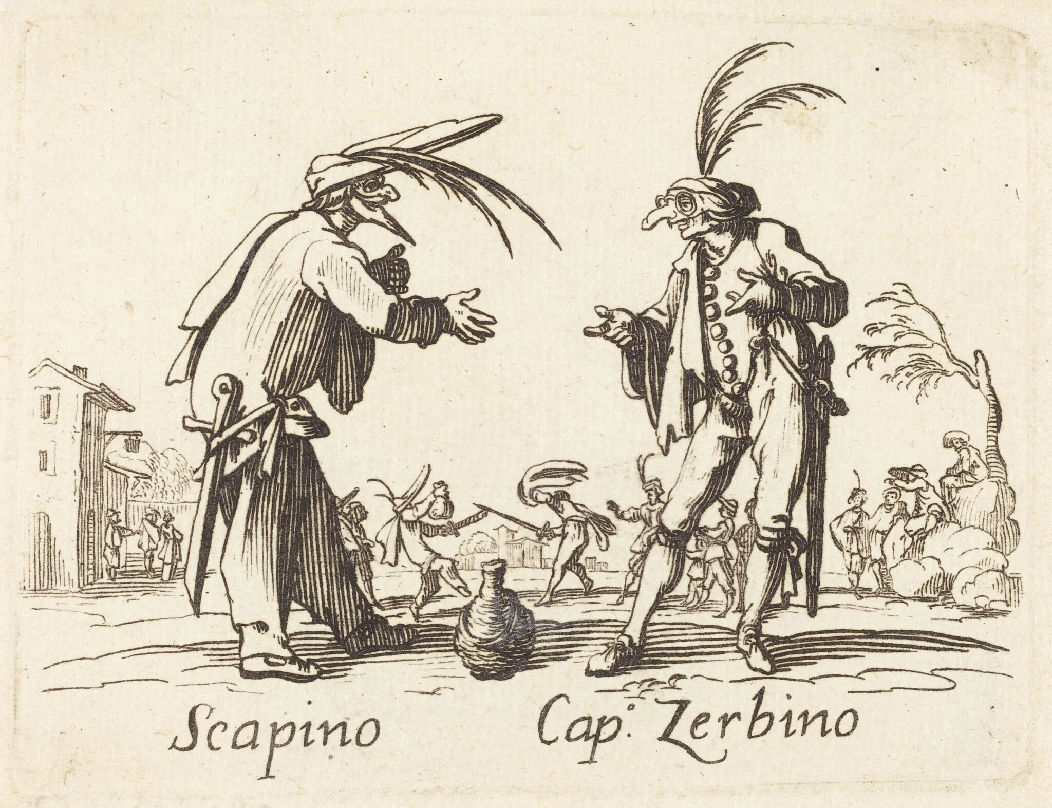 Scapino and Cap. Zerbino, by French 17th Century, ink, 1622