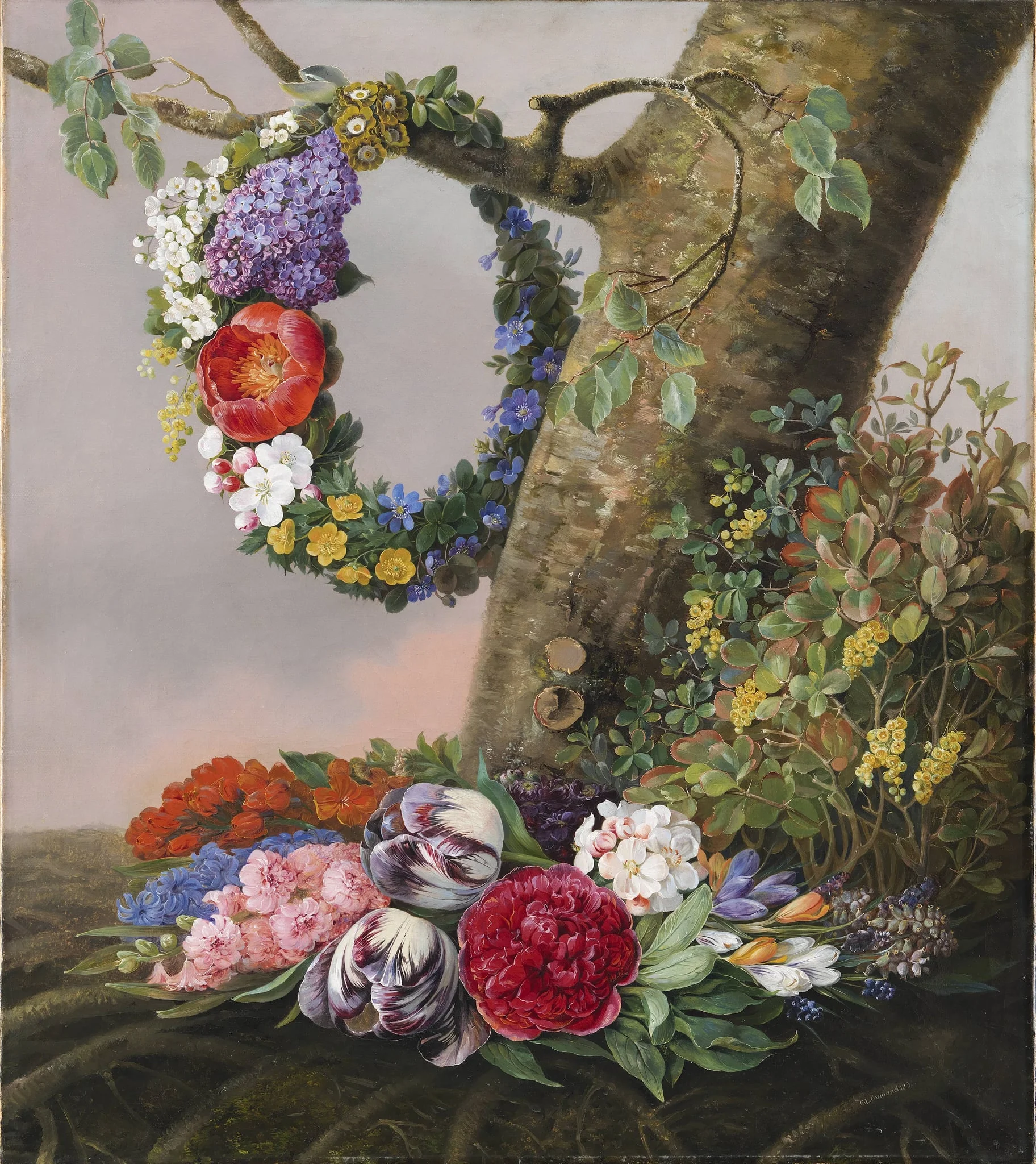 En buket blomster ved foden af et træ. På en gren hænger en blomsterkrans, by Unknown, 1832