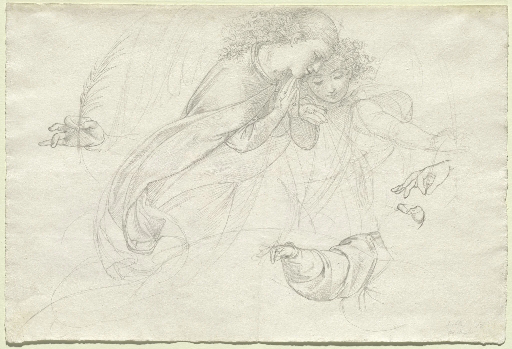 Two Grieving Angels (verso), by Johann Evangelist Scheffer von Leonhardshoff, graphite, 1821