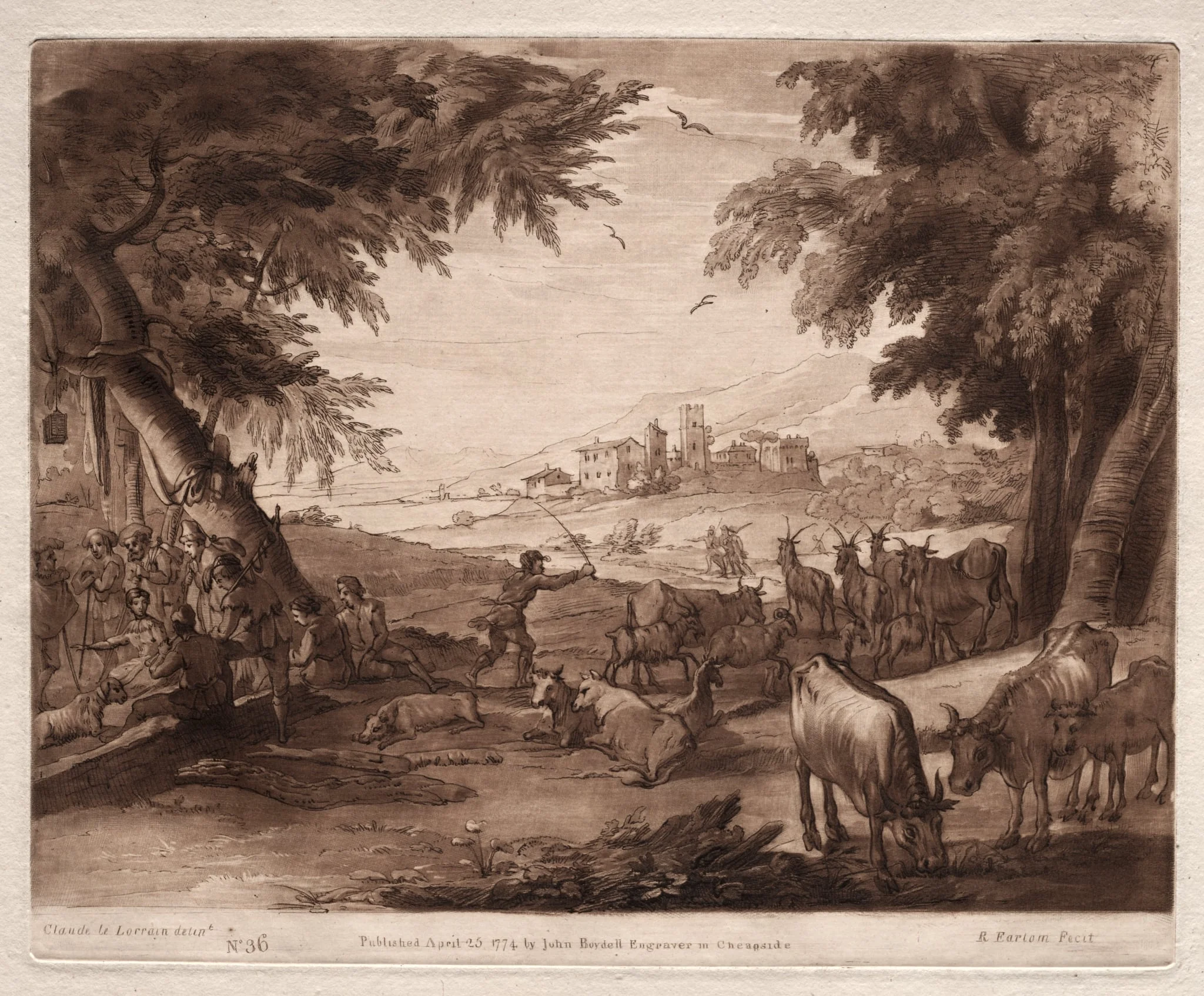 Liber Veritatis:  No. 36, Pastoral Scene with Villagers and a Herd of Oxen and Goats, by Richard Earlom, 1777