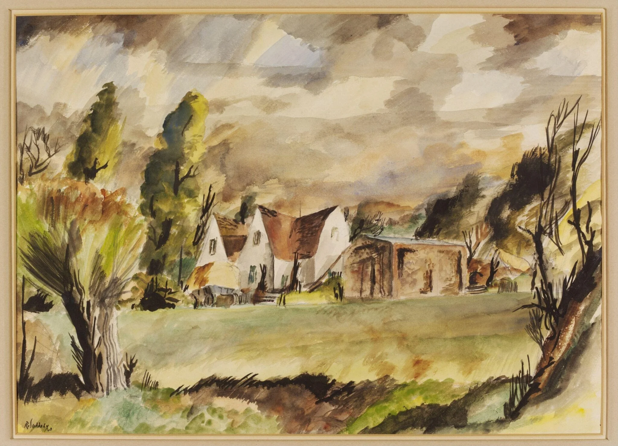 Farm at Bulmer Tye, by Suddaby, watercolor, 1940