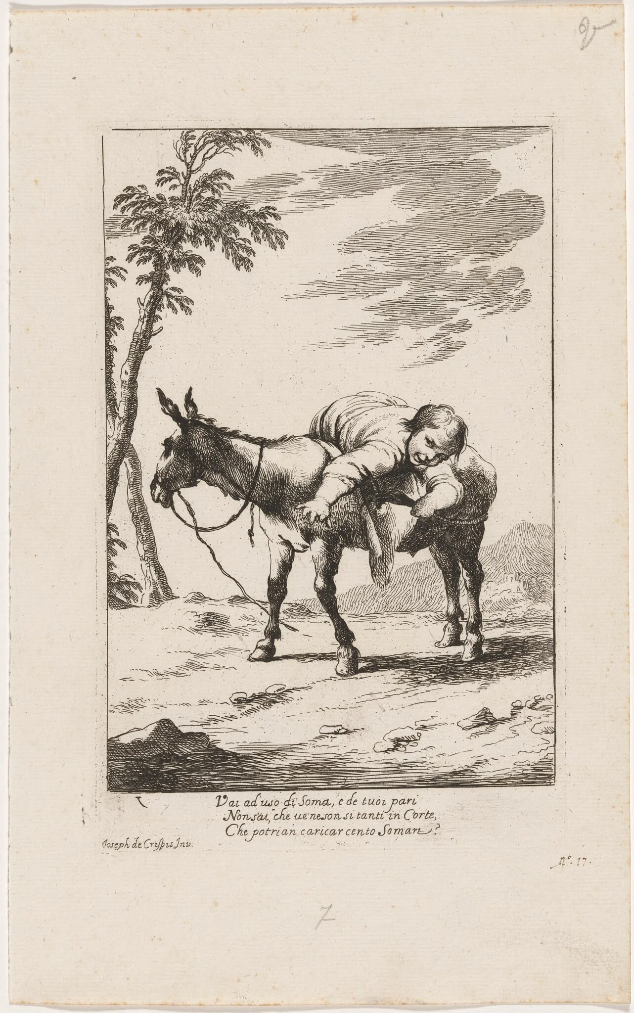 Bertoldino Lying on a Donkey, by Giuseppe Maria Crespi, ink, 1712