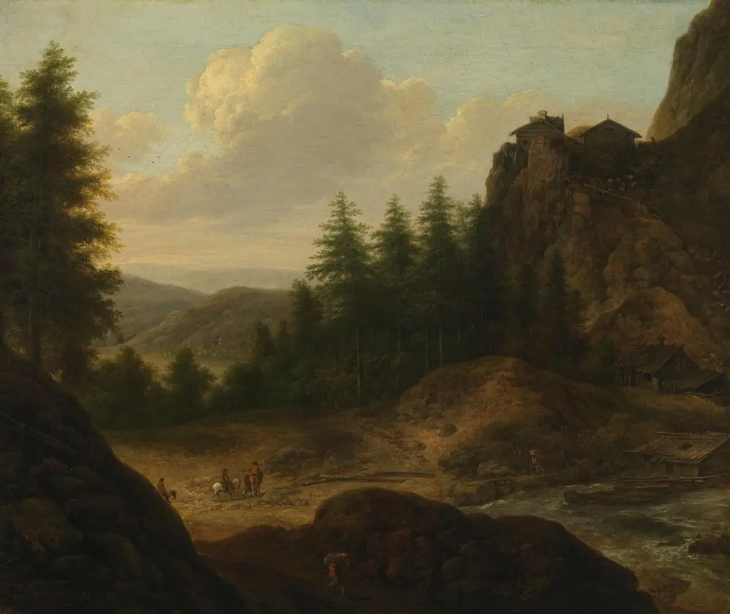 Mountain landscape with riders
