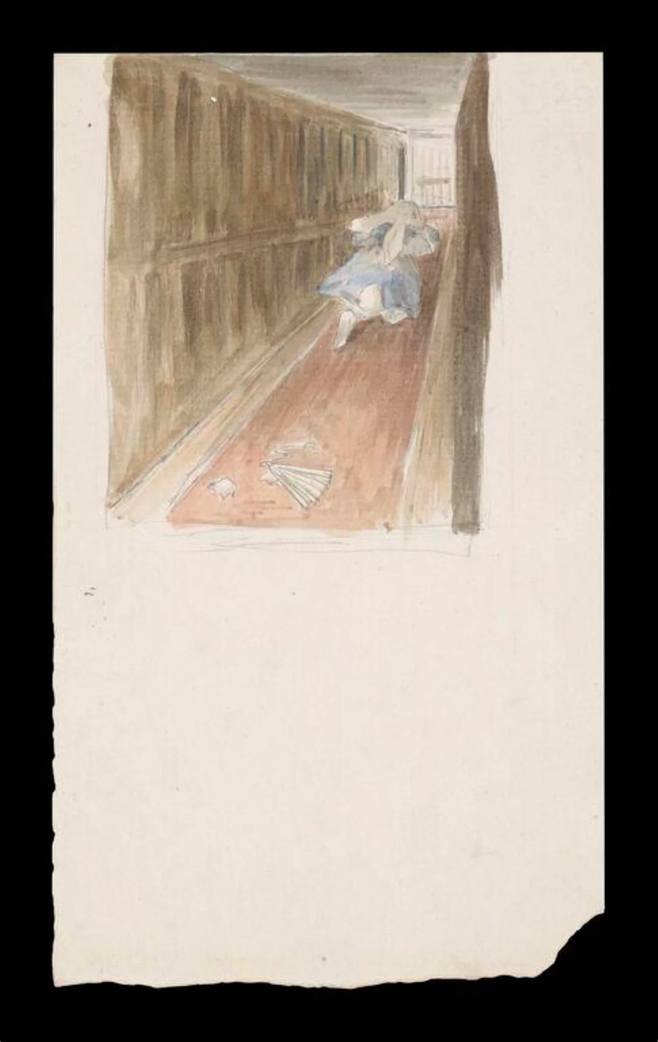 Rear view of the White Rabbit running away along the corridor