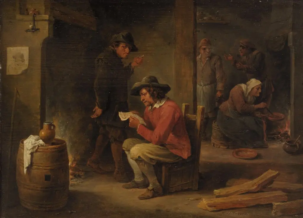 Farm interior with newspaper reader