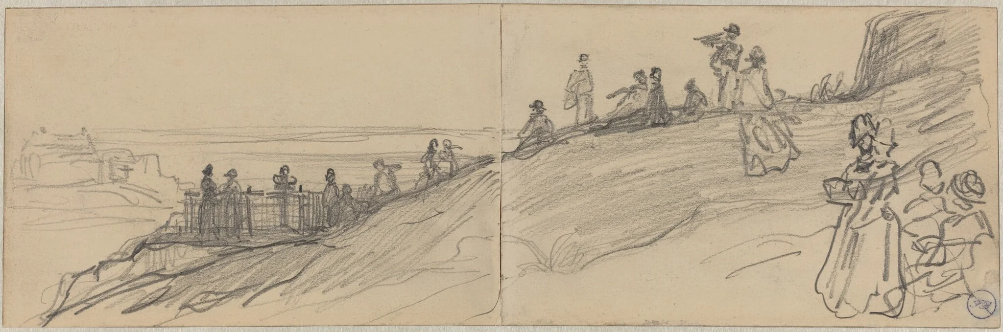 Figures on Top of a Hill, Overlooking the Sea, by Félix-Hilaire Buhot, graphite, 1872