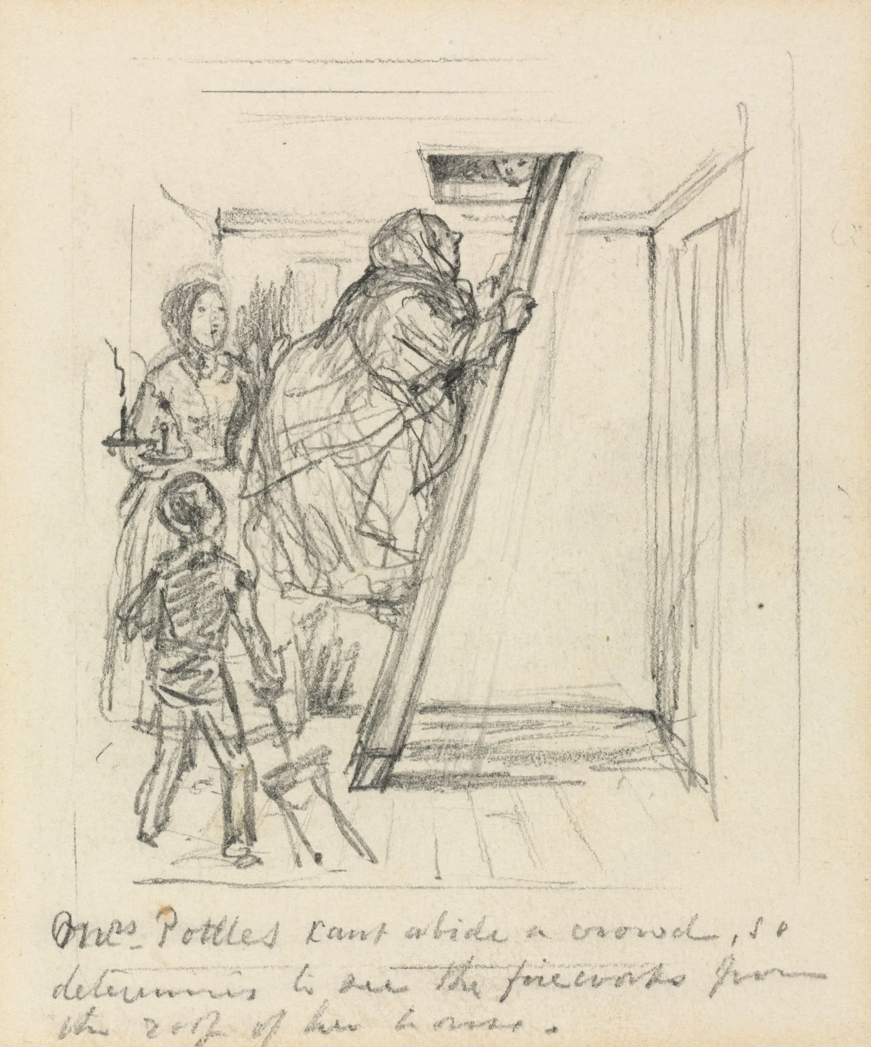 Sketch for "Mrs. Pottles Can't Abide a Crowd", by John Leech, 1856