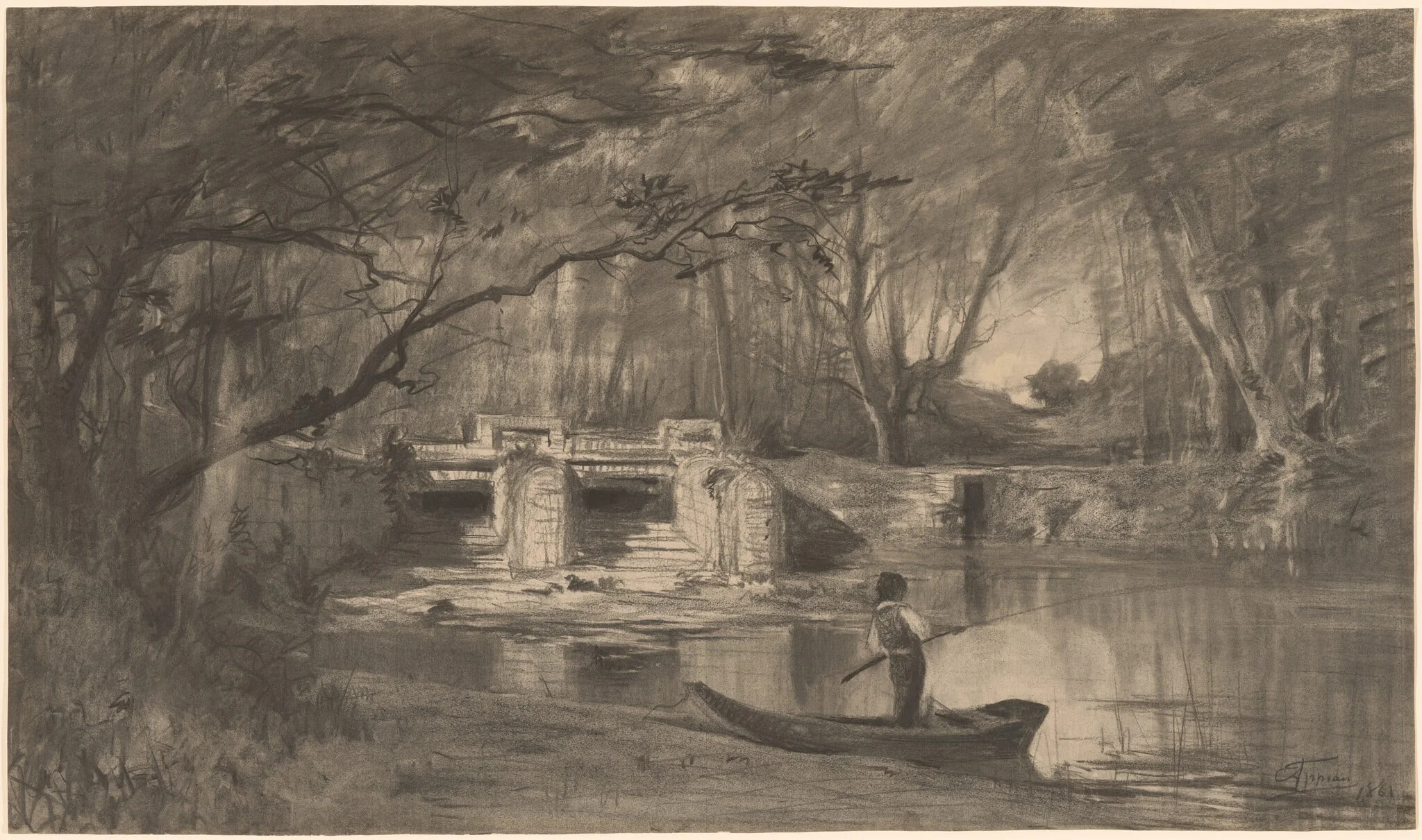 Wooded Pond by the Ancient Sluice of Levaux near Vienne, by Adolphe Appian, charcoal, 1861