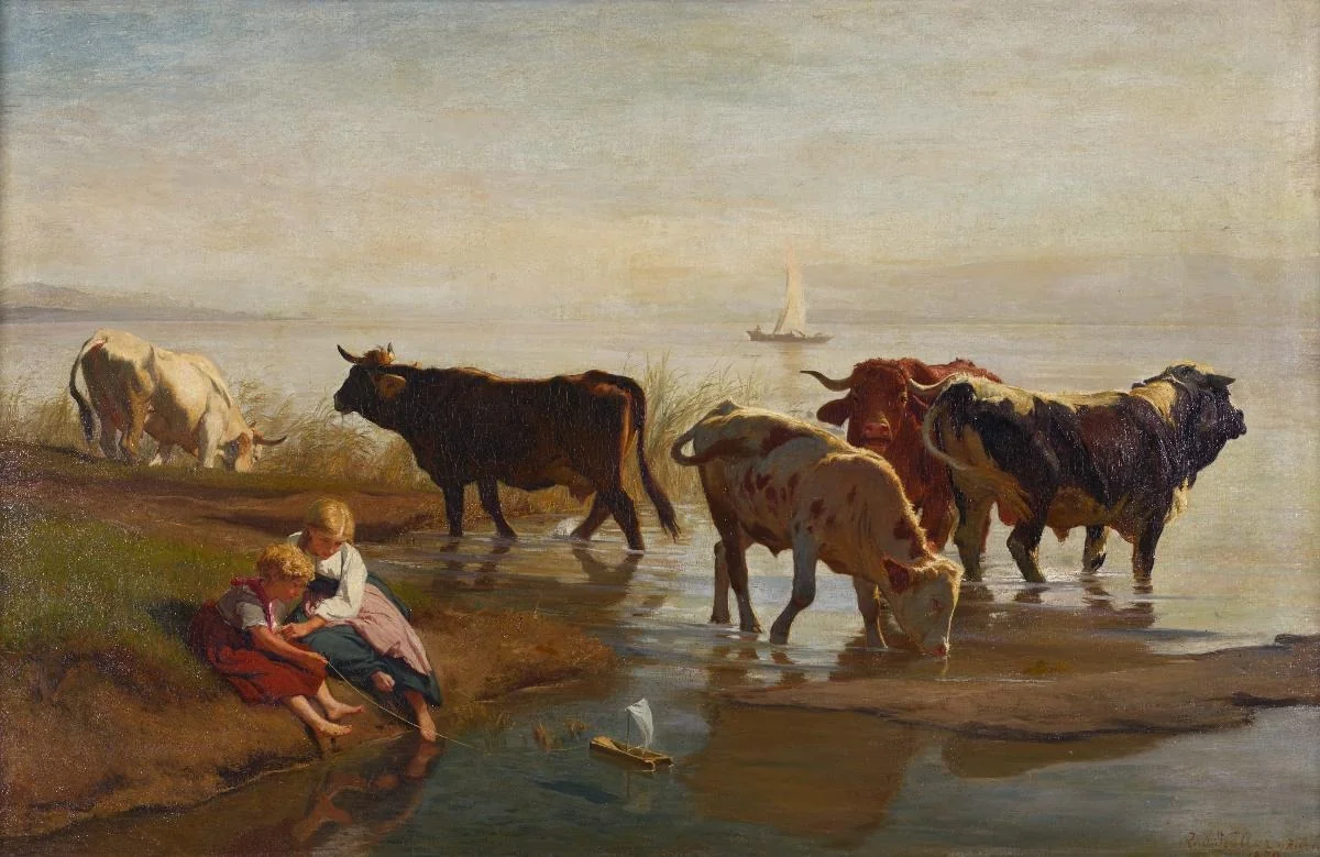 Kühe am See, by Rudolf Koller, oil, 1870