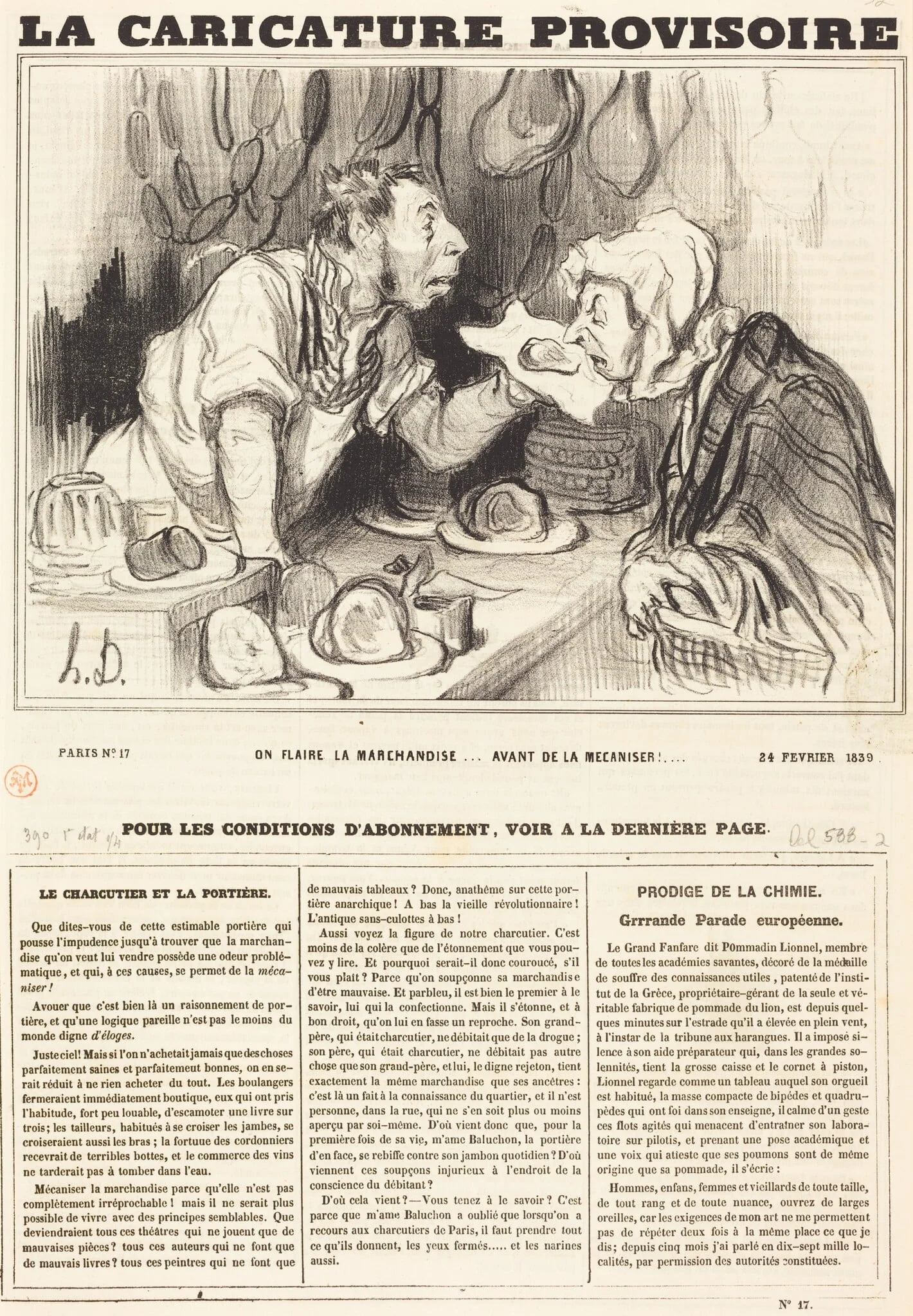 On flaire la marchandise... avant de la mécaniser!..., by Honoré Daumier, ink, 1839