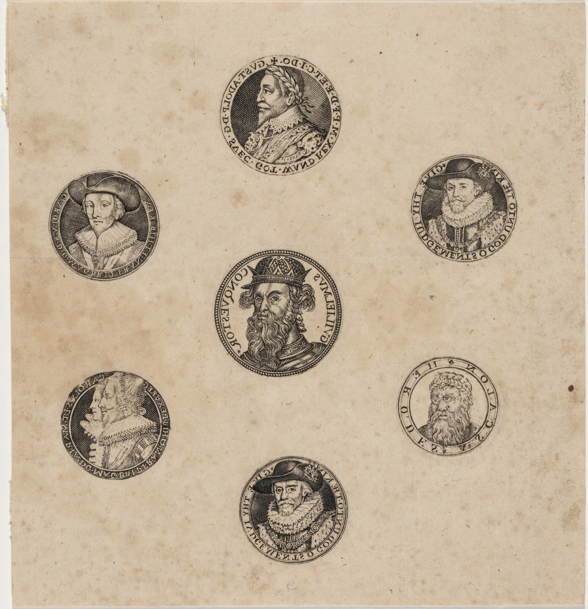 Sheet of Seven Roundels with Portraits, by Dutch 17th Century, ink, 1621