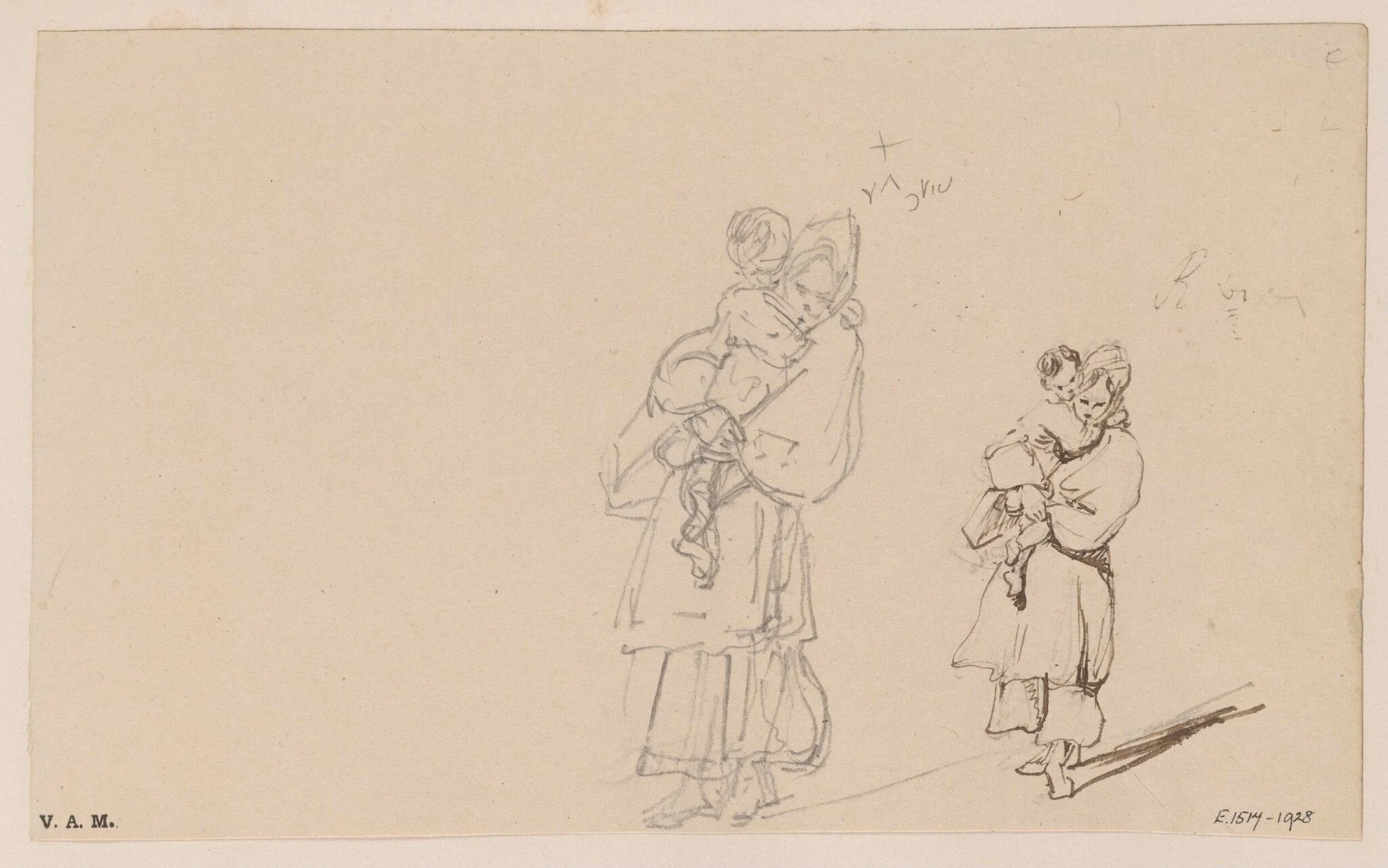 Two drawings of a boatwoman holding a child