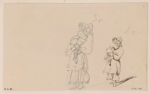 Two drawings of a boatwoman holding a child