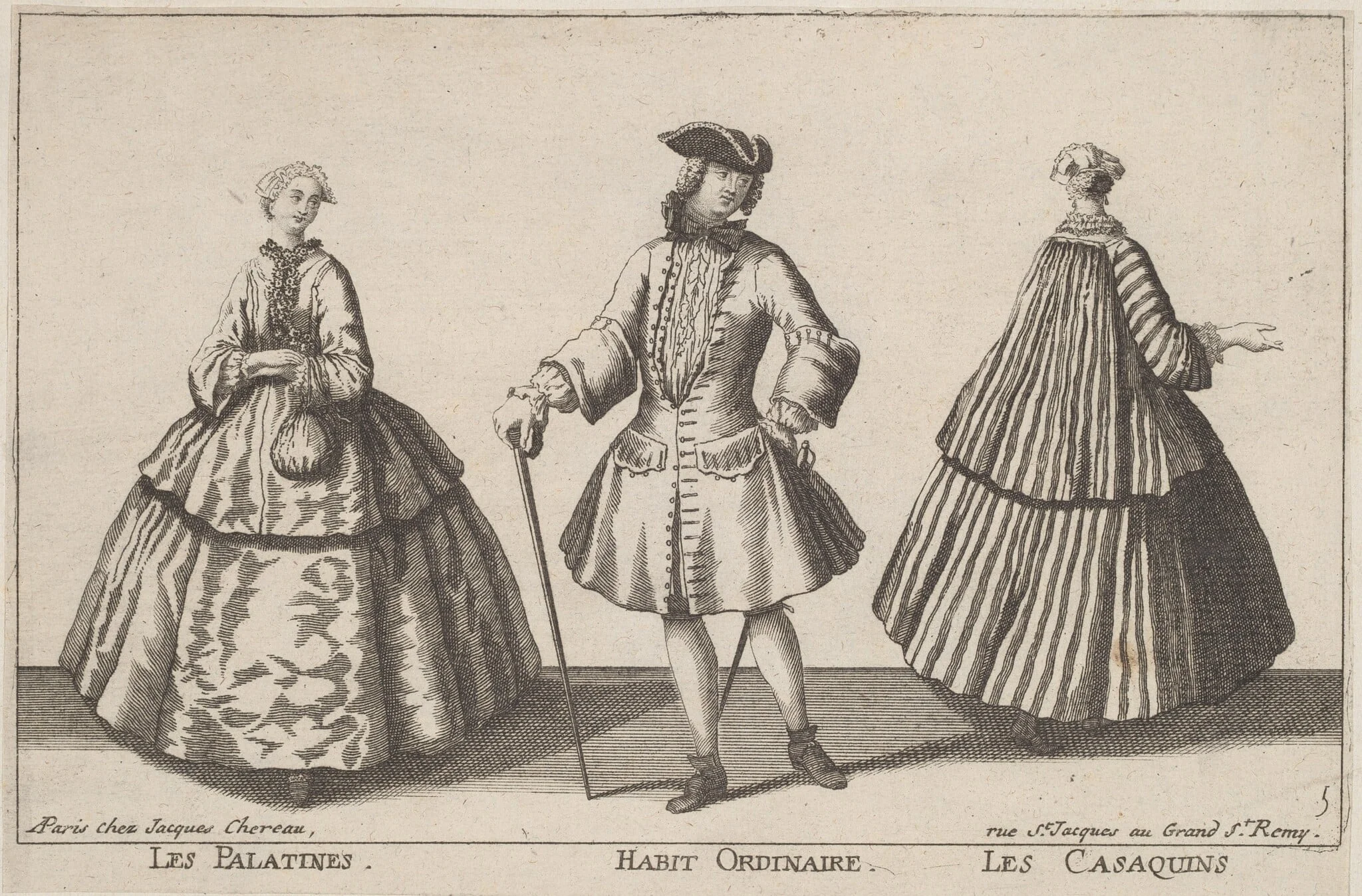 Les Palatines/Habit Ordinaire/Les Casaquins, by Jacques Chéreau, ink, 1724