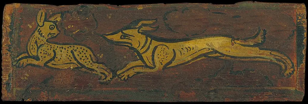 Small coffered ceiling panel with a dog pursuing a hare