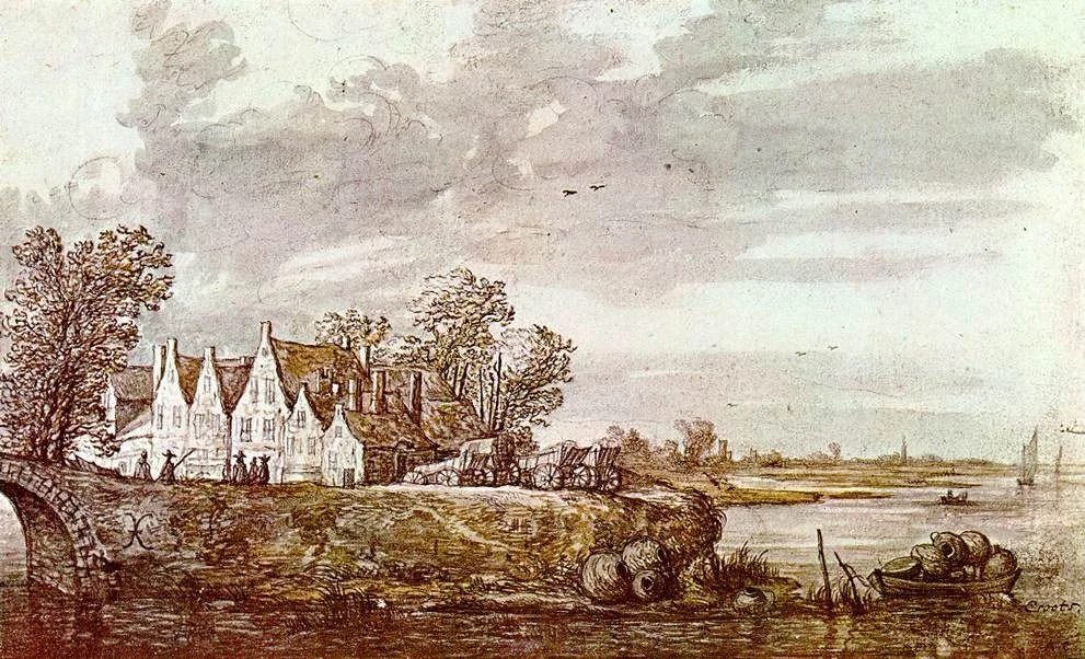 Landscape, by Aelbert Cuyp, watercolor, 1640