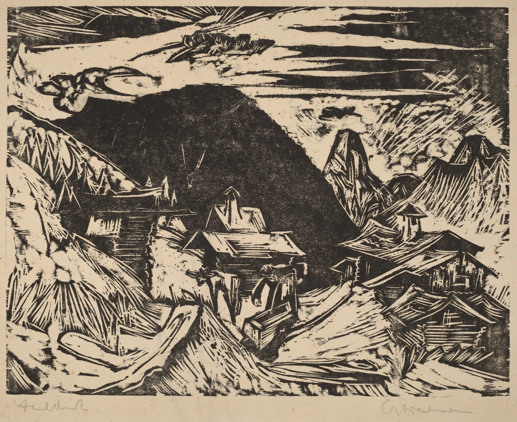 Alpine Pasture, by Ernst Ludwig Kirchner, ink, 1918