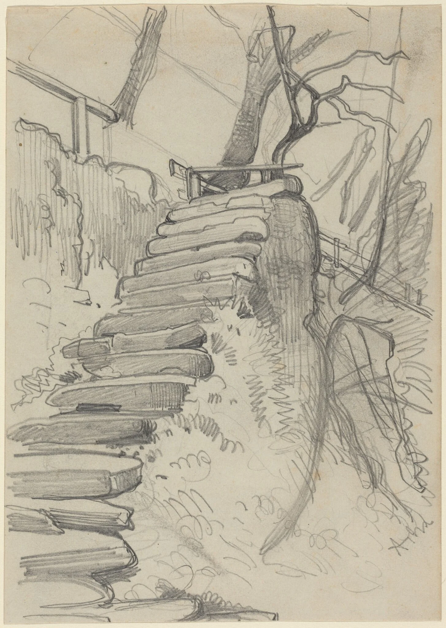 Flight of Stone Steps in a Garden, by Adolph von Menzel, graphite, 1860