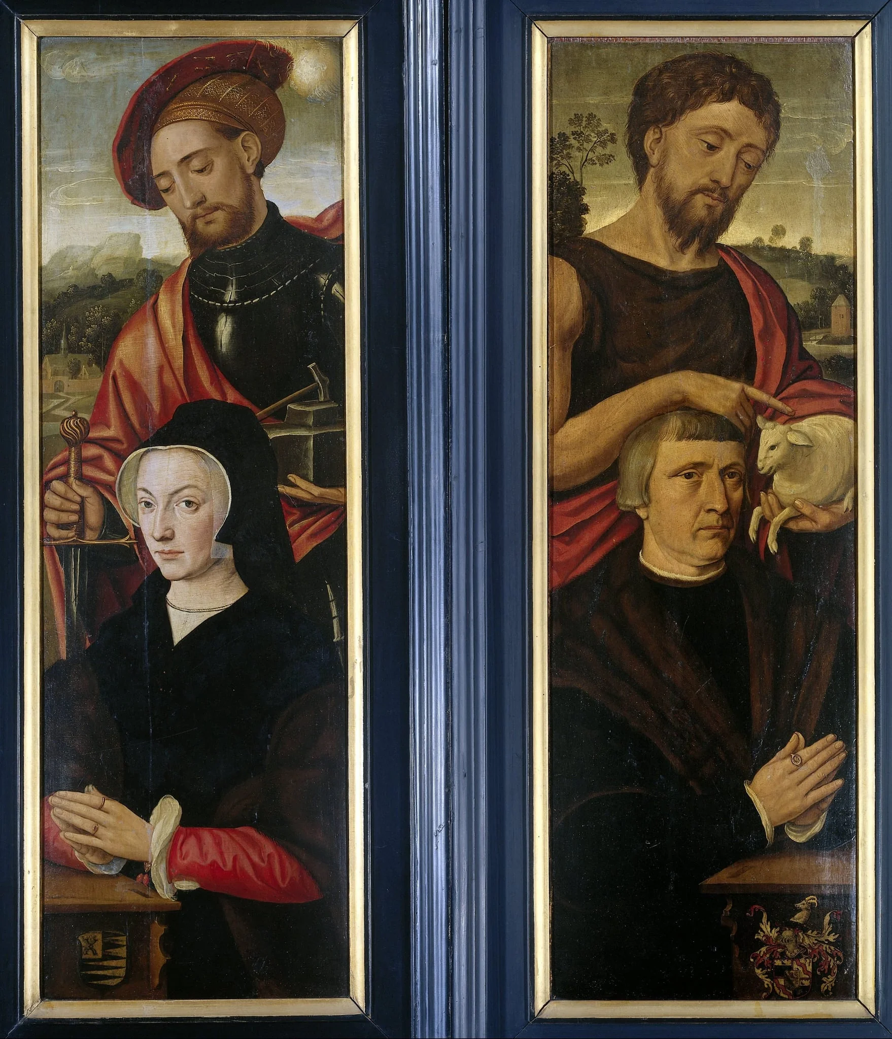 Two Wings of a Triptych with Portraits of Donors with Saints Adrian and John the Baptist, by Unknown, unspecified, 1540
