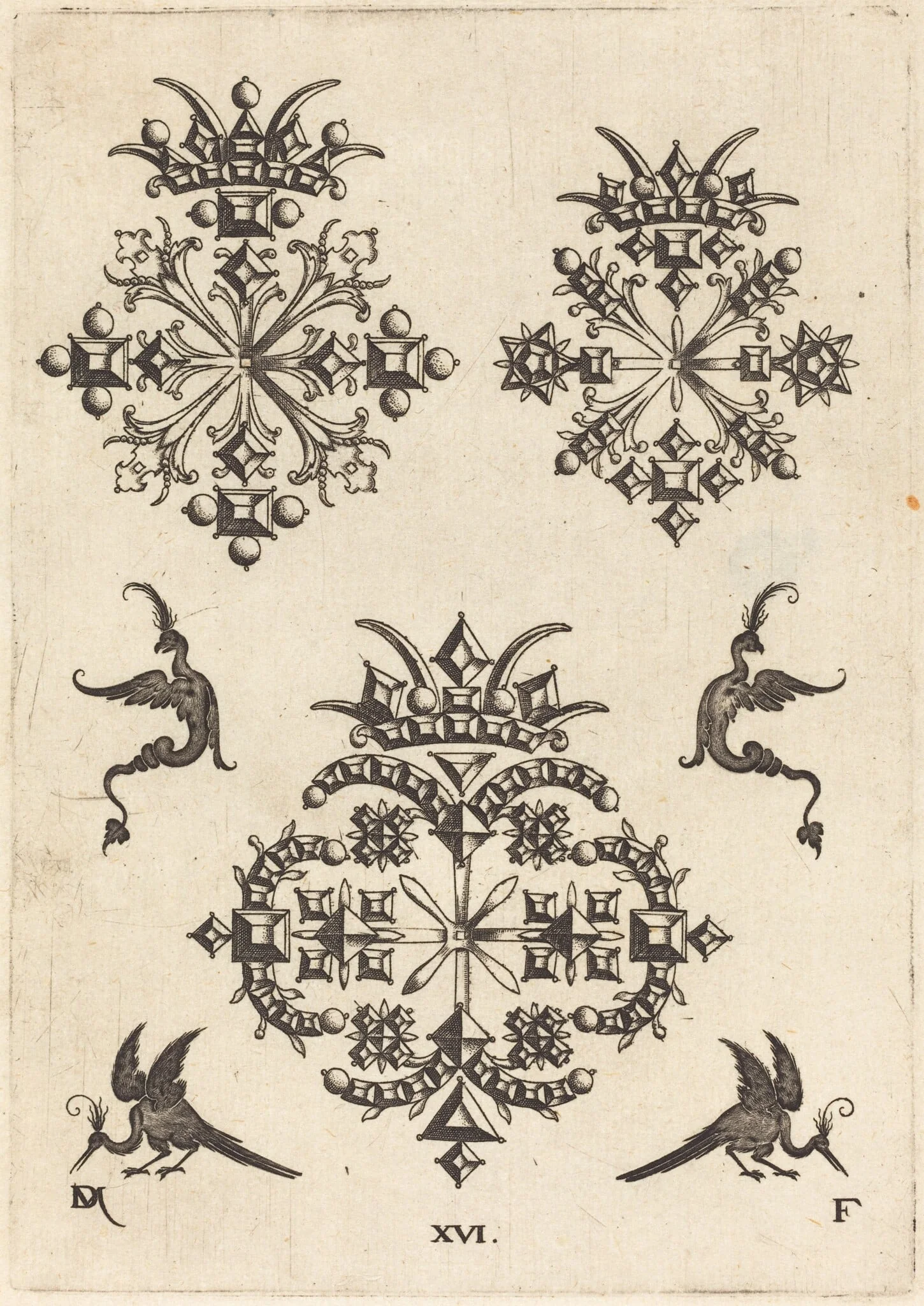 Three Brooches with Fantasy Birds at Left, Right, and Bottom, by Daniel Mignot, ink, 1596
