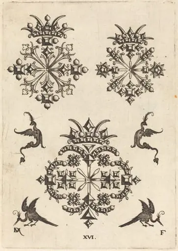 Three Brooches with Fantasy Birds at Left, Right, and Bottom