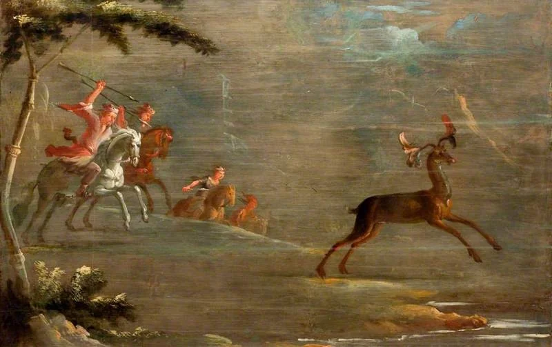 A Band of Tartar Horsemen Hunting an Elk, by Robert Robinson, oil, 1698