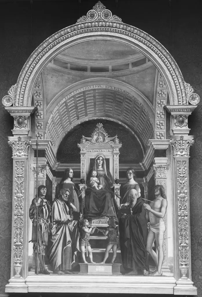 Mary enthroned with the child and six saints