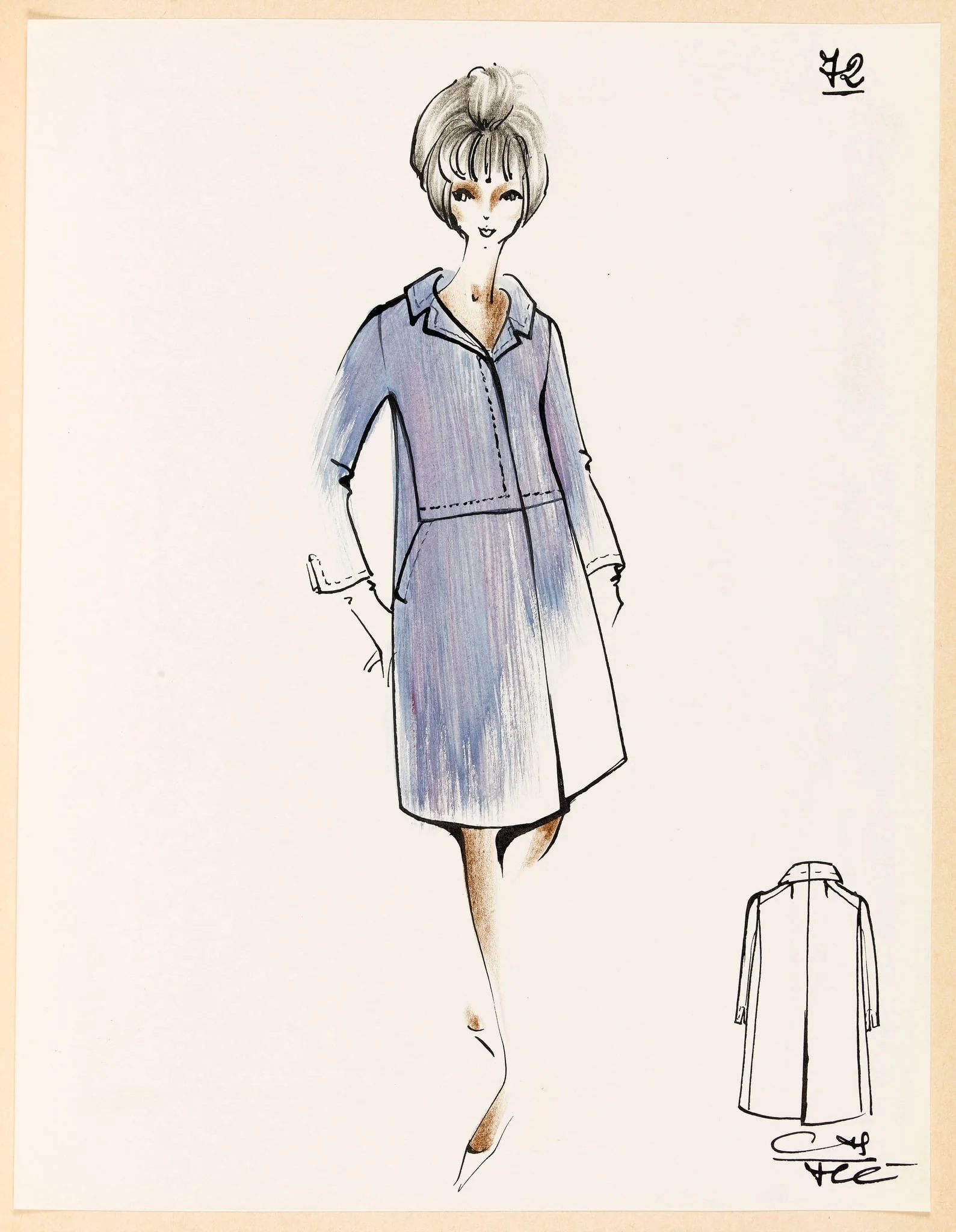 Manteau parme rehaussé de surpiqûres, by Carven, 1967