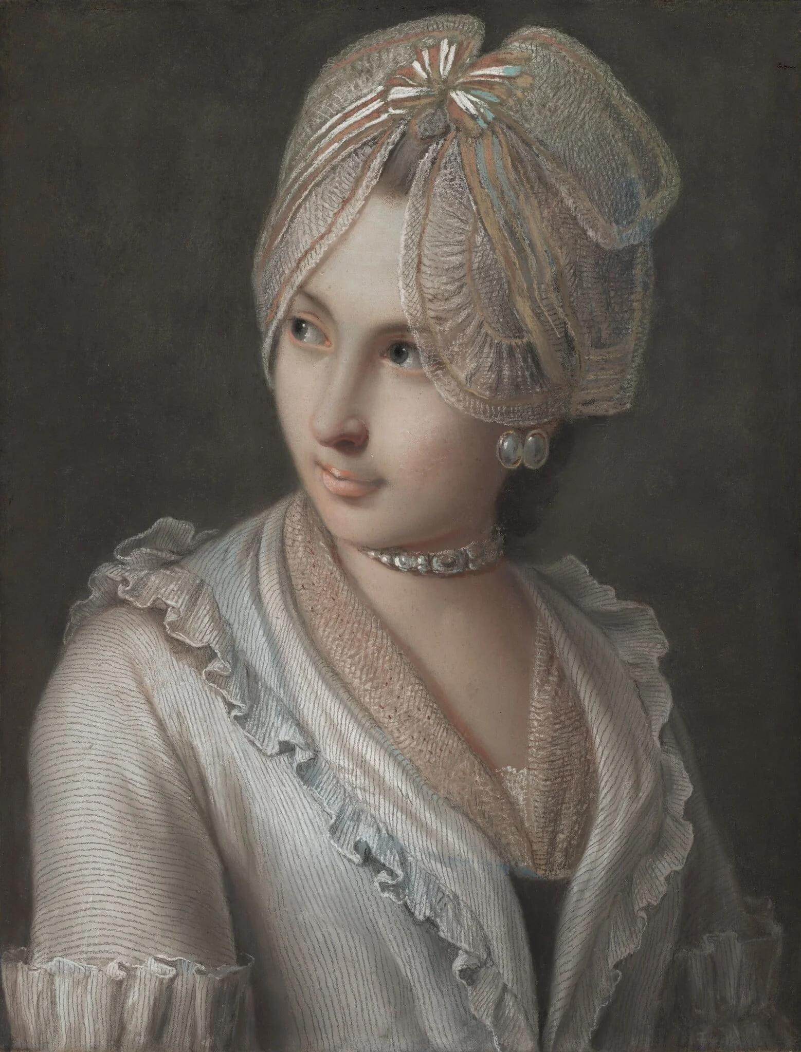 An Elegant Young Lady with a Lace Cap, by Pietro Rotari, pastel, 1753